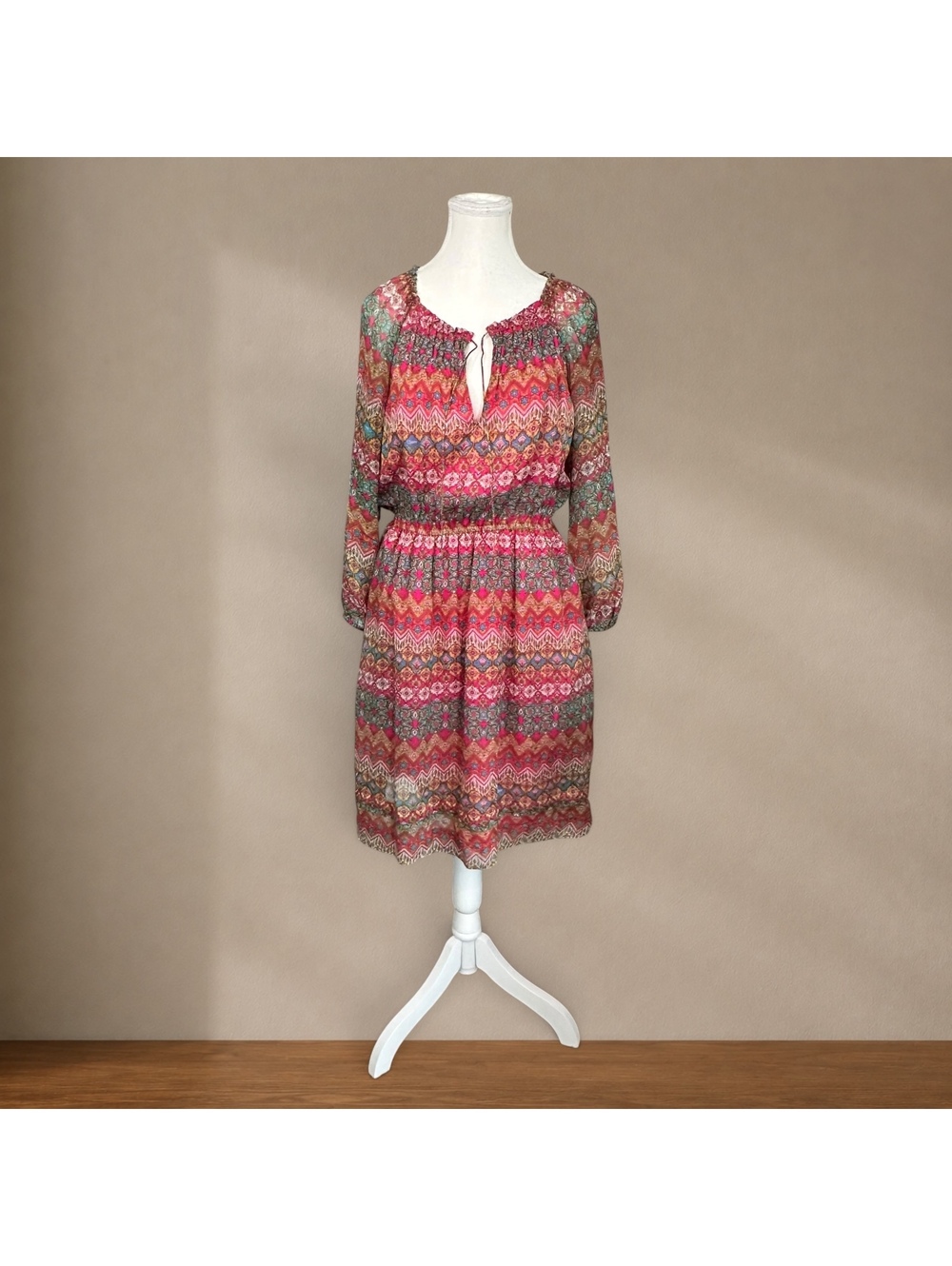 Diane von Furstenberg Silk Boho Mini Dress Pink Paisley Print Smocked Waist DVF